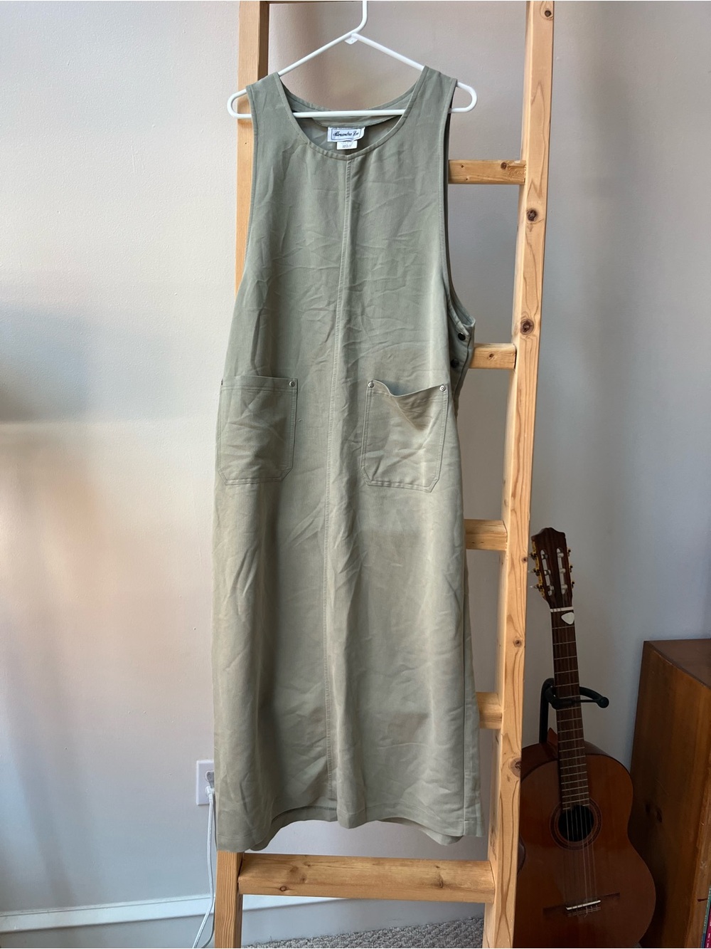 Sleeveless Olive Green Cotton Pinafore Maxi Dress